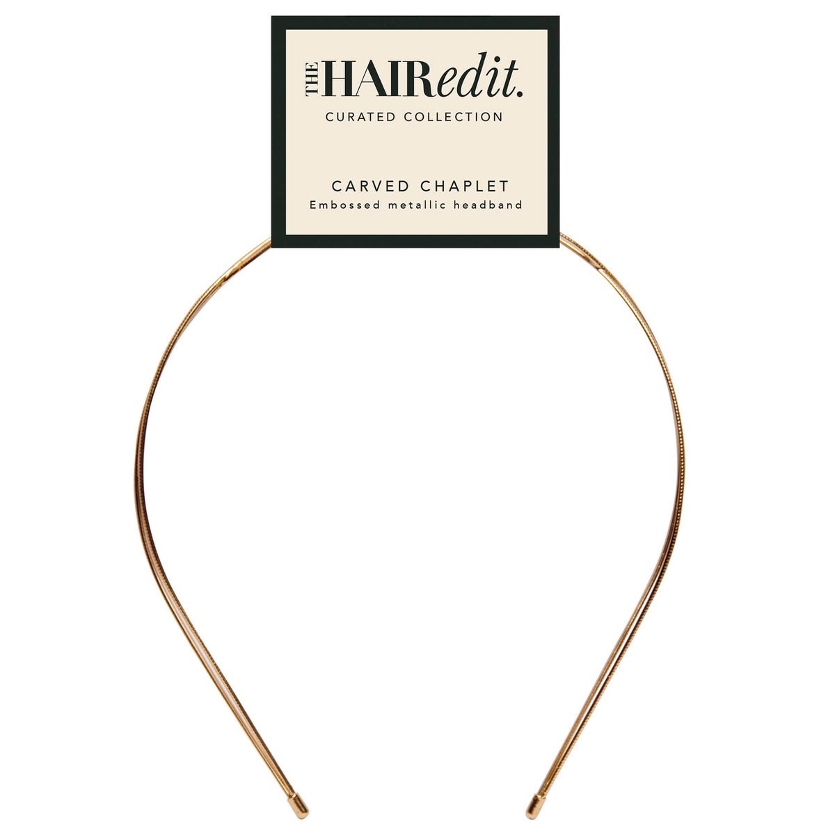 The Hair Edit carved chaplet front view showing sculpted metallic crown and polished finish