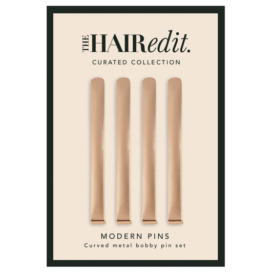 The Hair Edit front view of gold bobby pins showing packaging and modern design benefit: polished accessory