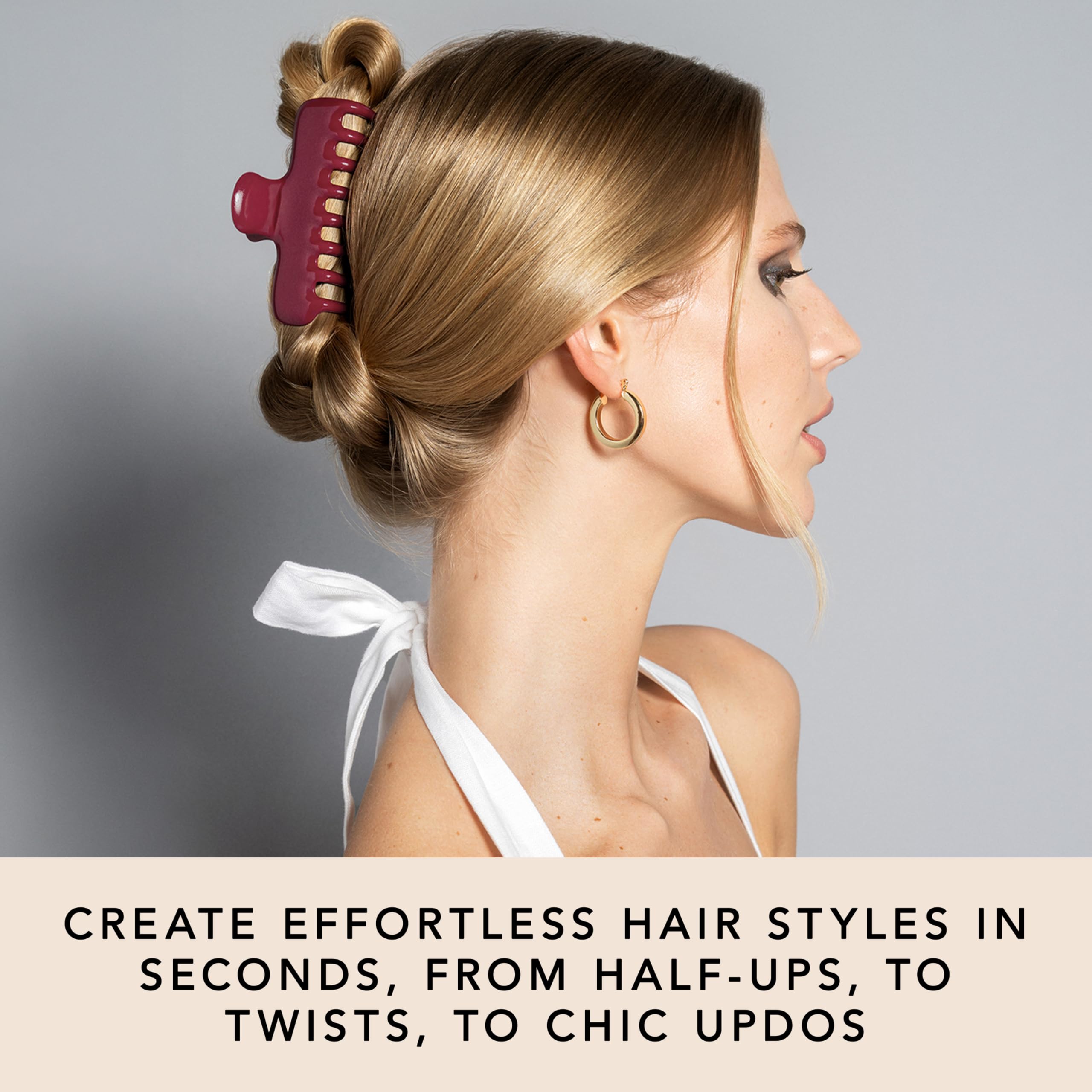 The Hair Edit scarlet claw clip holding a half-up style for quick everyday polish