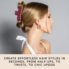 The Hair Edit scarlet claw clip holding a half-up style for quick everyday polish