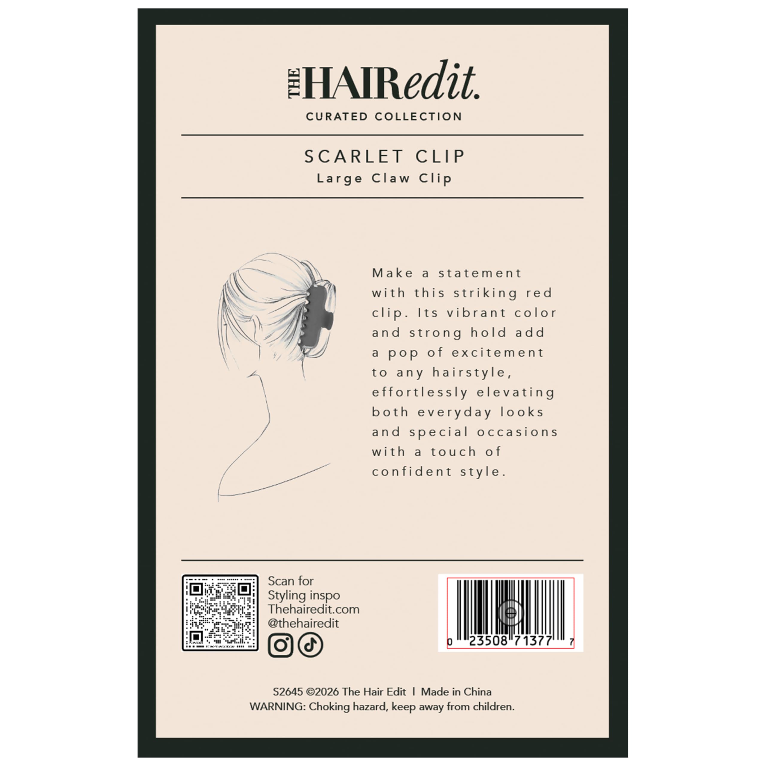 The Hair Edit scarlet claw clip packaging and label highlighting brand quality