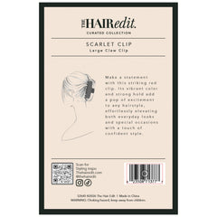 The Hair Edit scarlet claw clip packaging and label highlighting brand quality