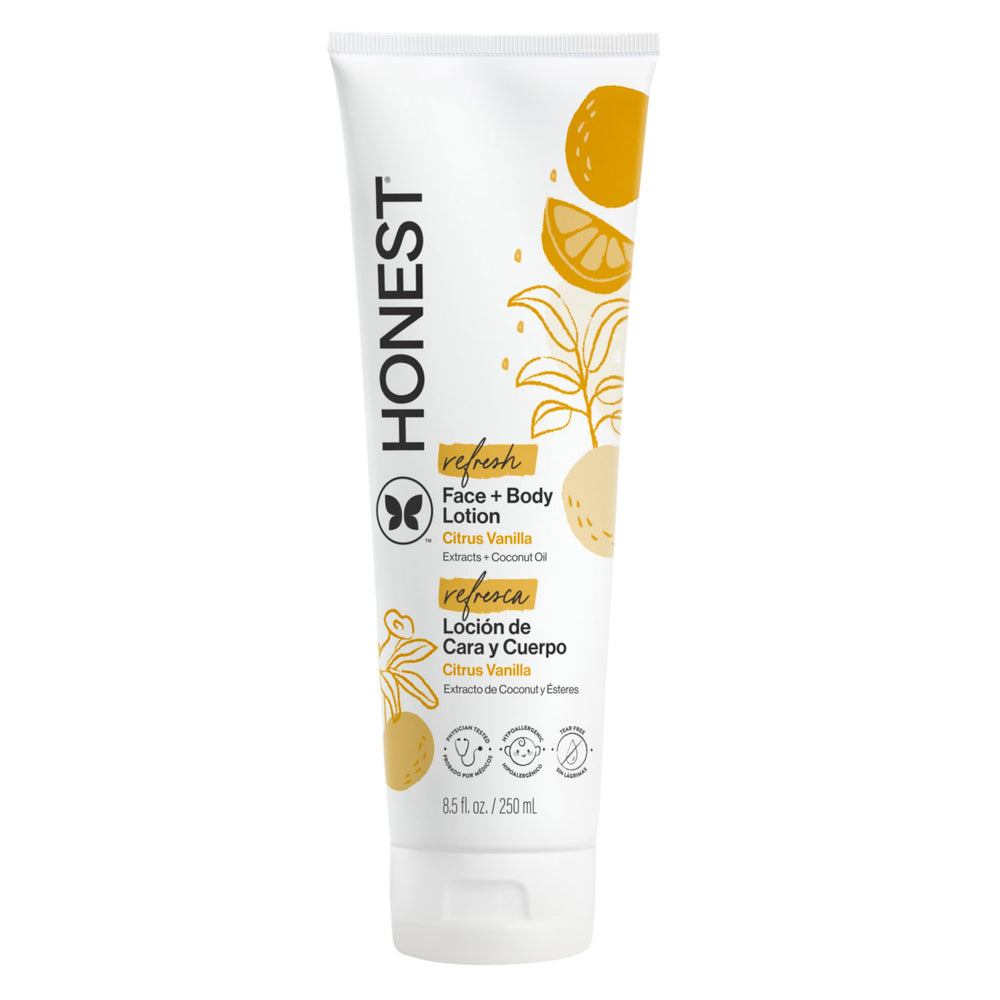 The Honest Company front bottle view showing citrus vanilla and quick hydration benefit