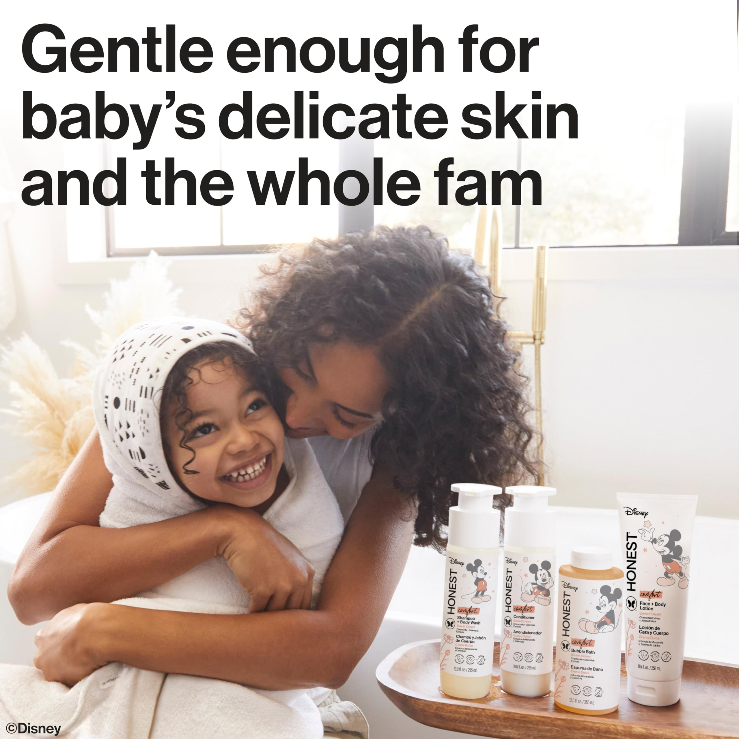 The Honest Company conditioner applied to child hair to reduce knots and ease combing
