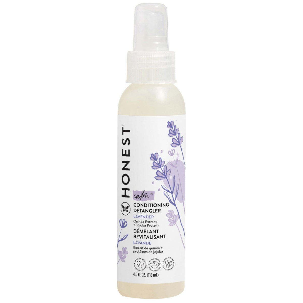The Honest Company front bottle showing lavender calm detangler benefit of gentle detangling