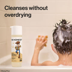 The Honest Company creamy lather on hand cleansing hair and skin gently