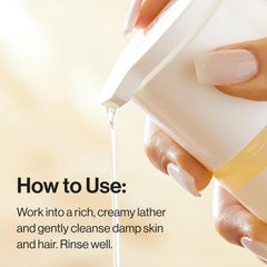 The Honest Company rinsing hair in shower demonstrating tear-free, kid-safe use