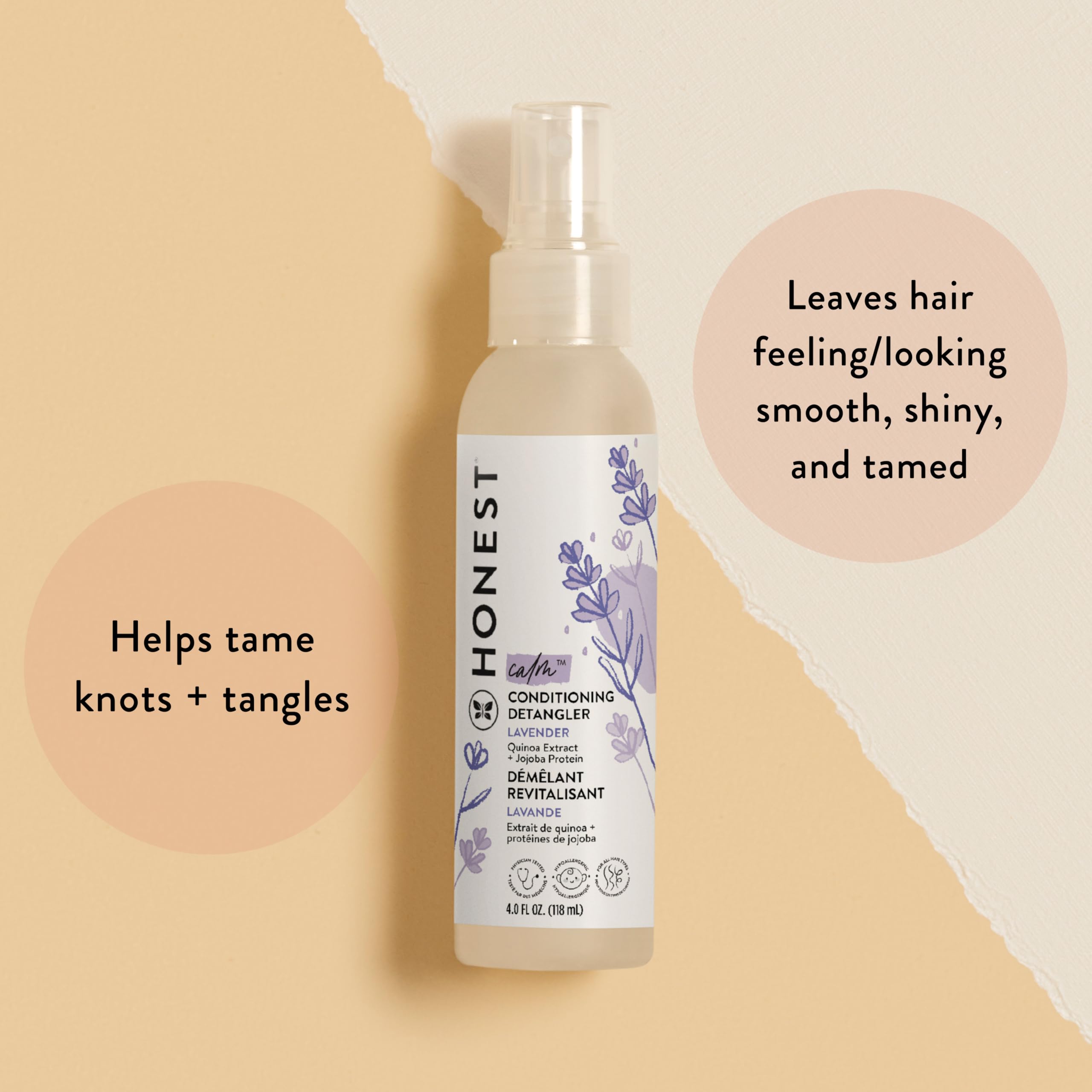 The Honest Company spray in hand demonstrating easy application and quick combing benefit