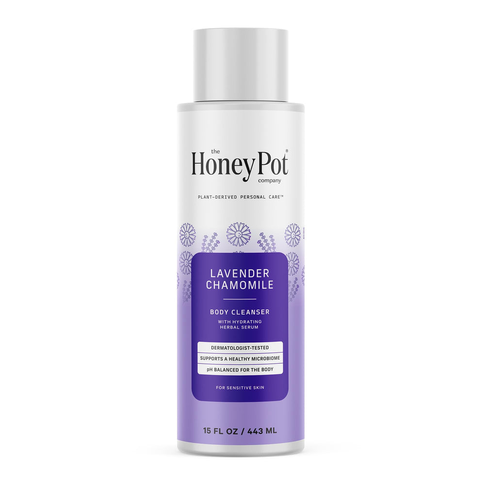 The Honey Pot Company front bottle of Lavender Chamomile body wash showing formula benefit