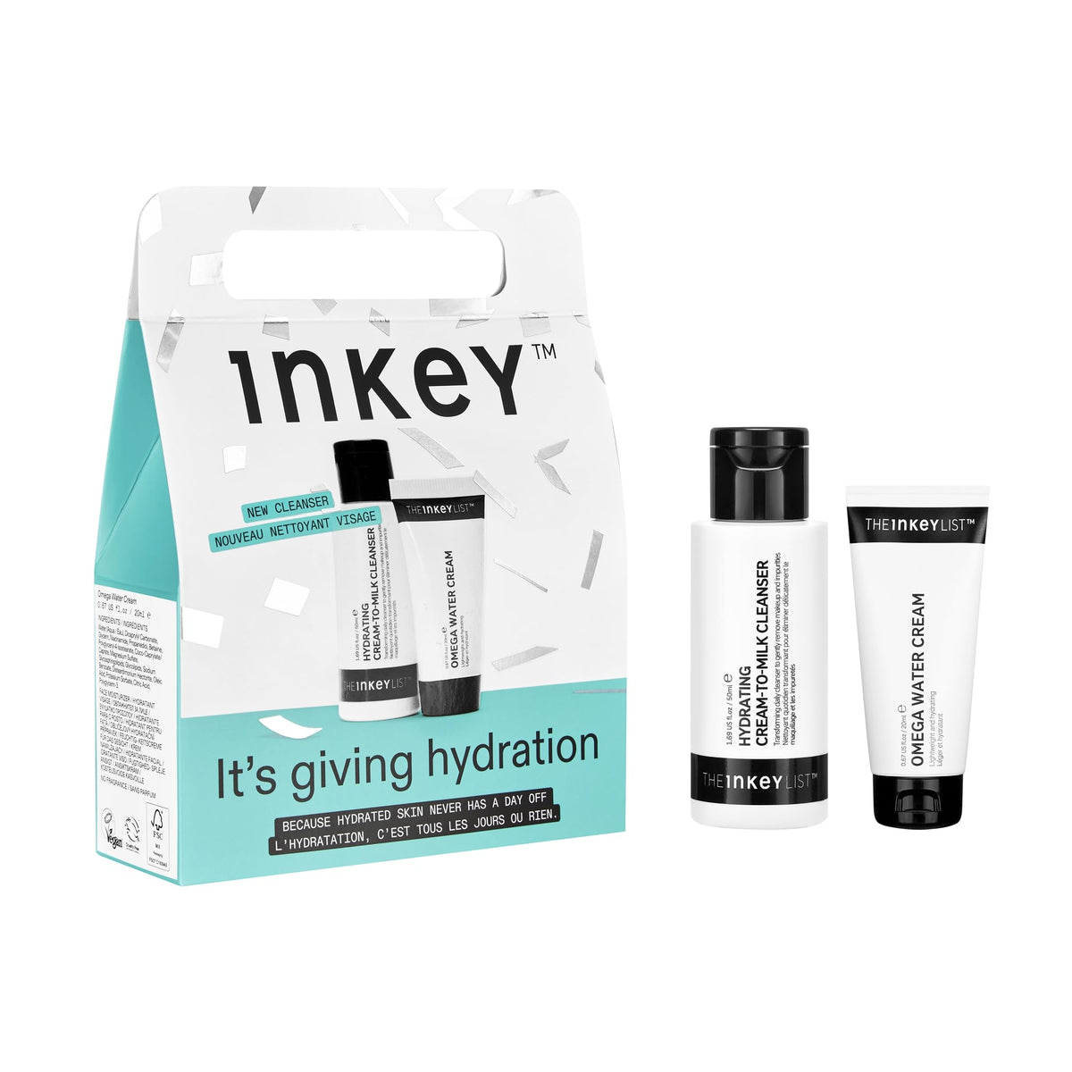 The INKEY List hydration gift set front view showing both products and packaging benefits gentle routine