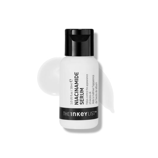 The INKEY List front bottle shot showing 10% niacinamide serum and clear labeling benefit