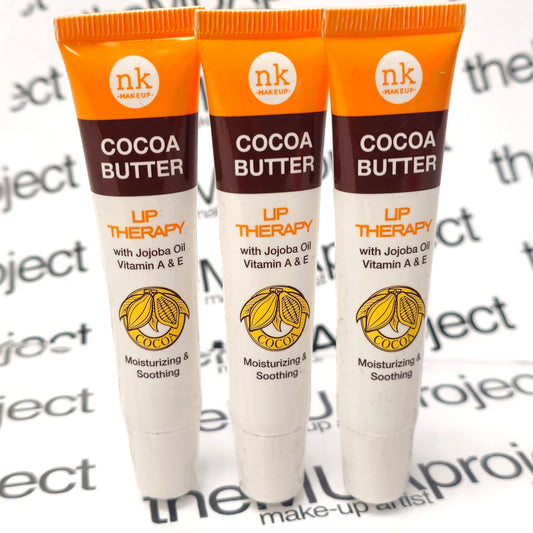 The Make-Up Artist Project cocoa butter lip balm front packaging showing three tubes and benefits