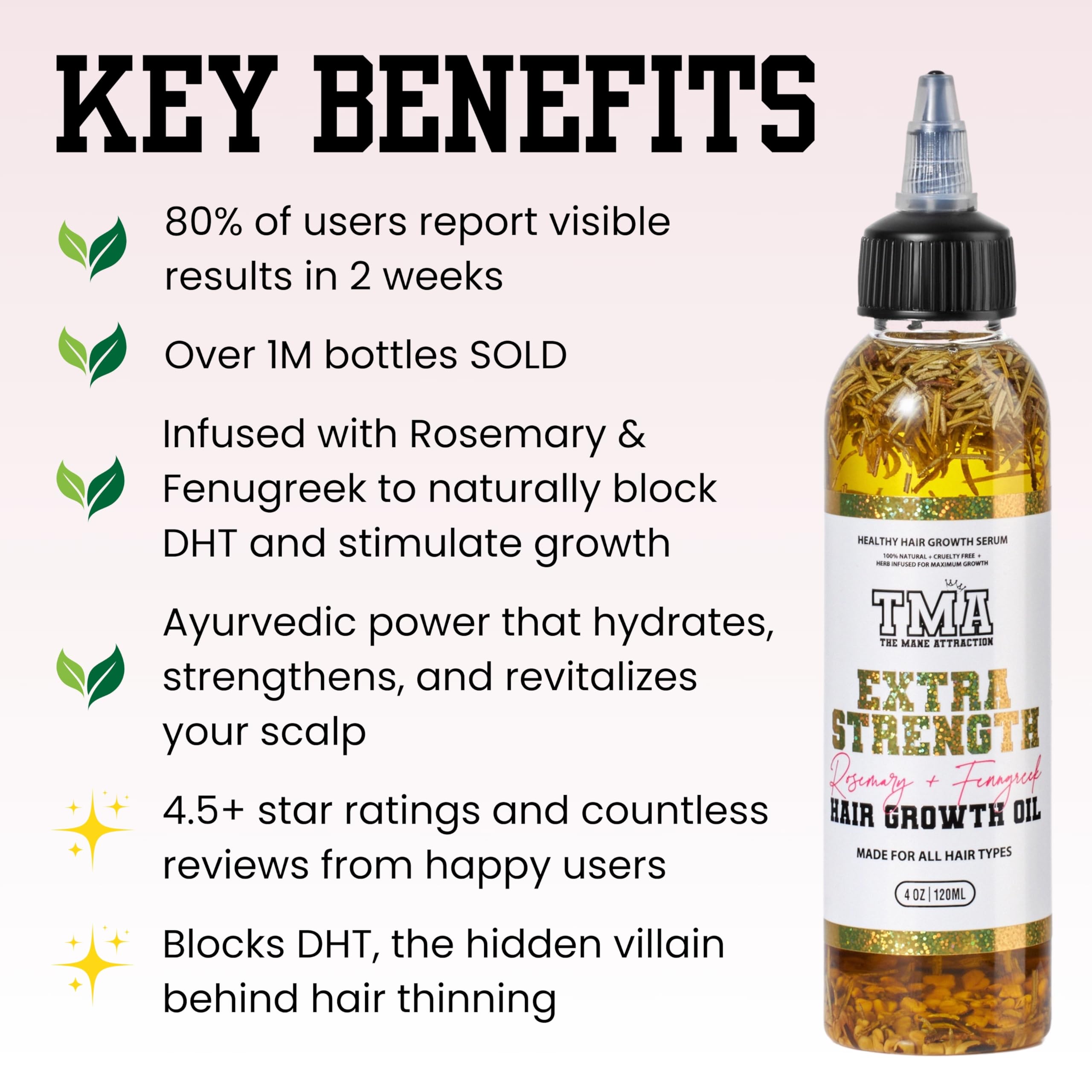 Fresh botanicals beside The Mane Attraction bottle showing natural ingredient benefit