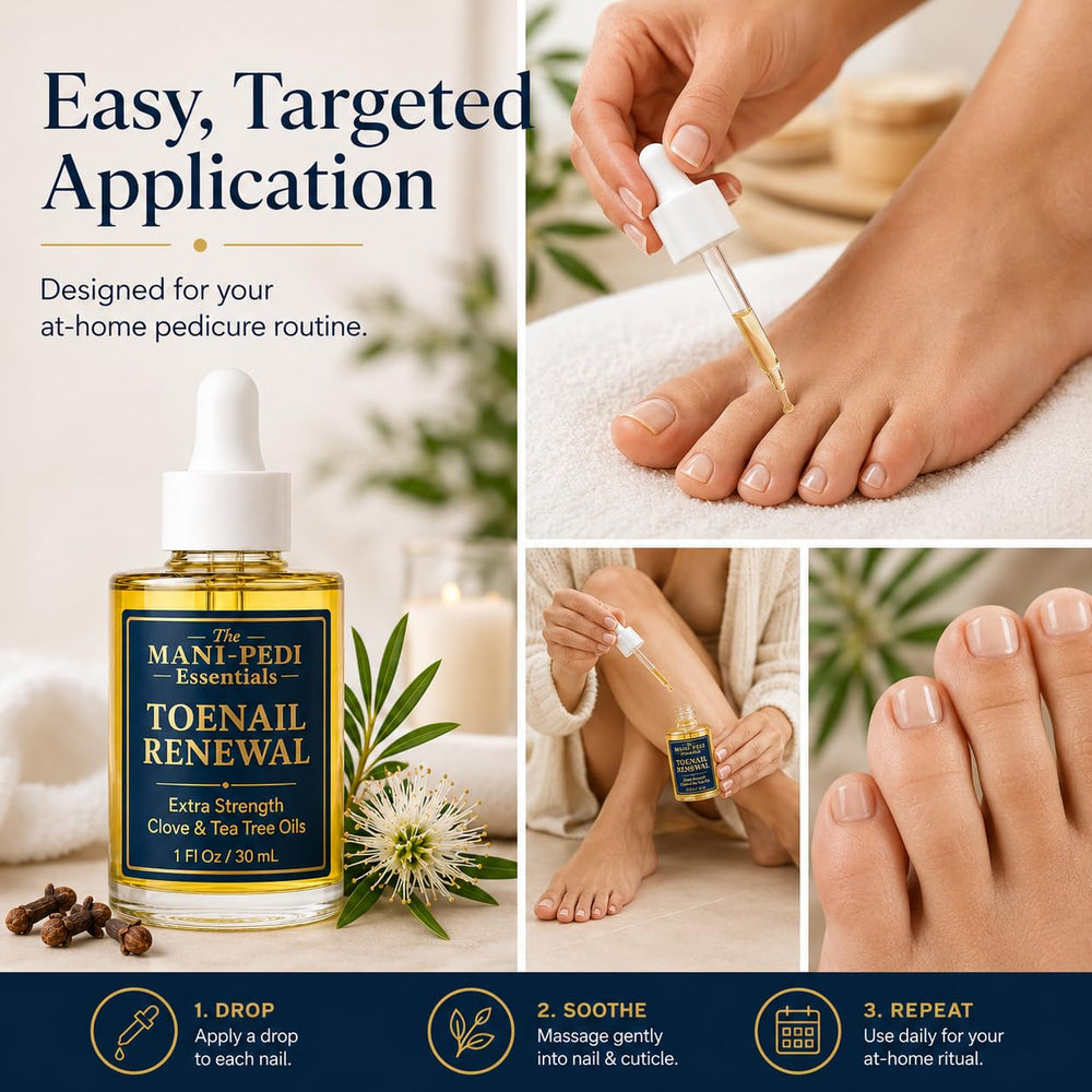 The Mani Pedi Essentials bottle beside ingredient label emphasizing clove and tea tree oils