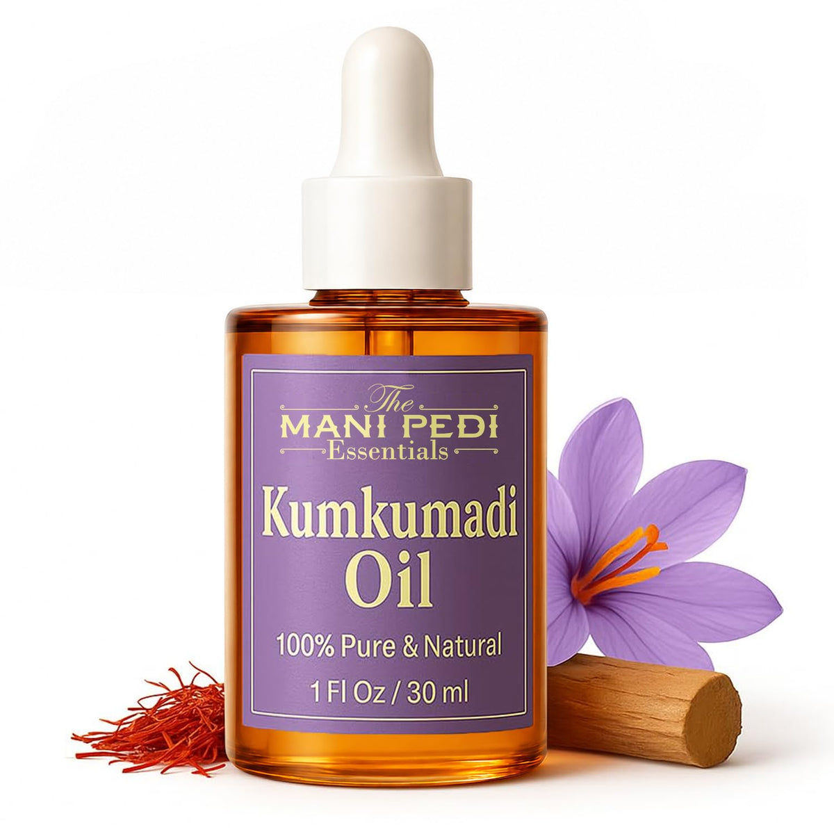 The Mani Pedi Essentials front bottle showing label and saffron oil benefits