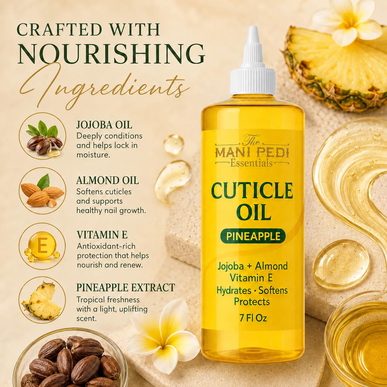 The Mani Pedi Essentials label showing jojoba, almond, and vitamin E benefits
