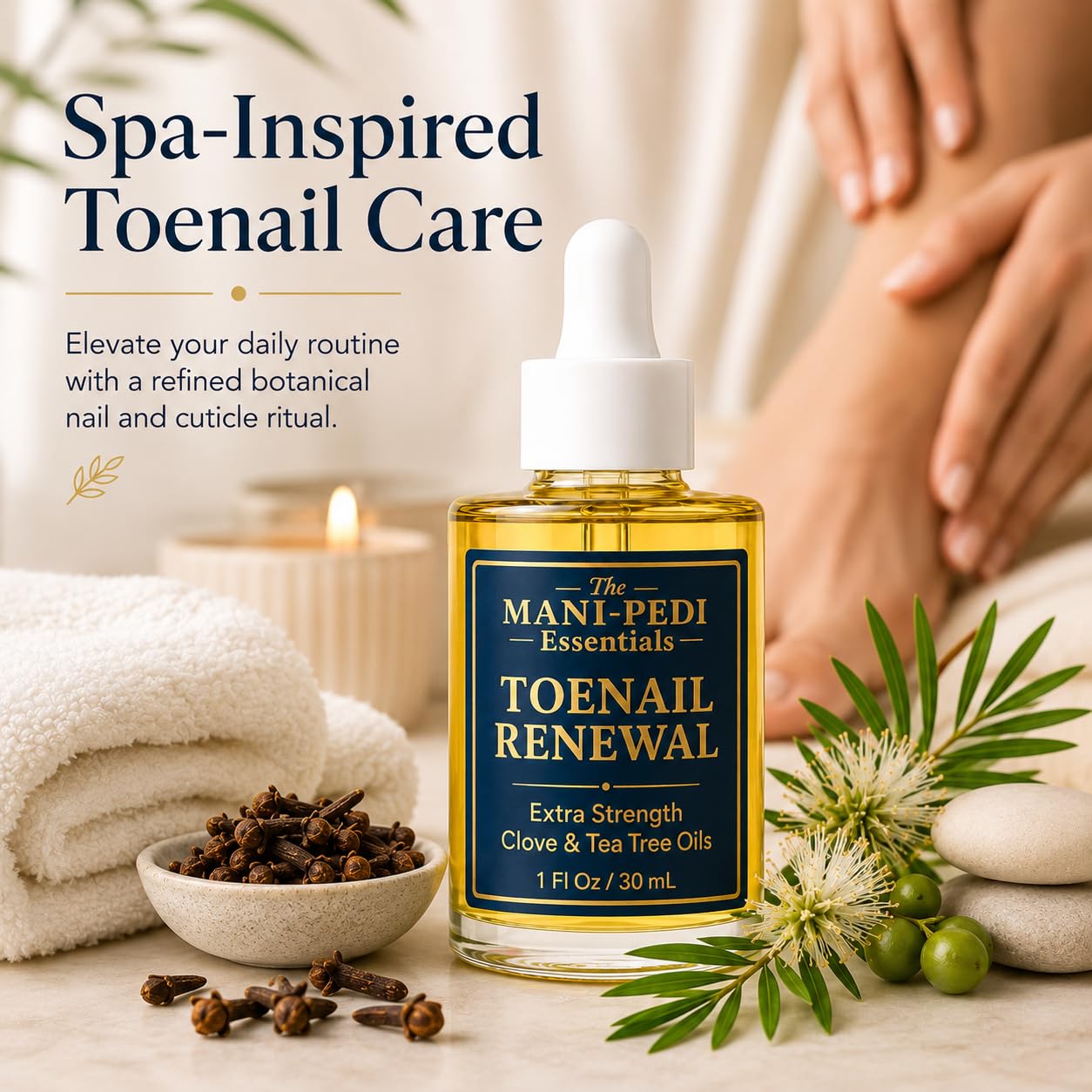 The Mani Pedi Essentials bottle on bathroom shelf in lifestyle scene suggesting regular foot-care routine