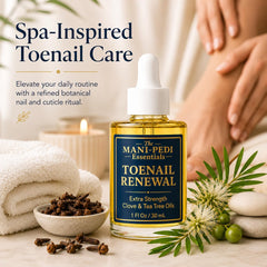 The Mani Pedi Essentials bottle on bathroom shelf in lifestyle scene suggesting regular foot-care routine