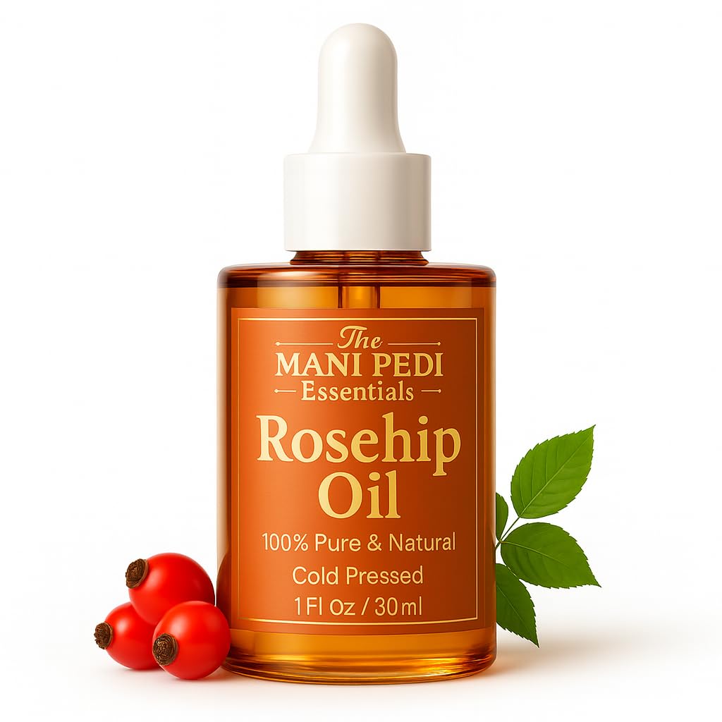 The Mani Pedi Essentials front bottle view showing pure rosehip oil packaging benefit hydration
