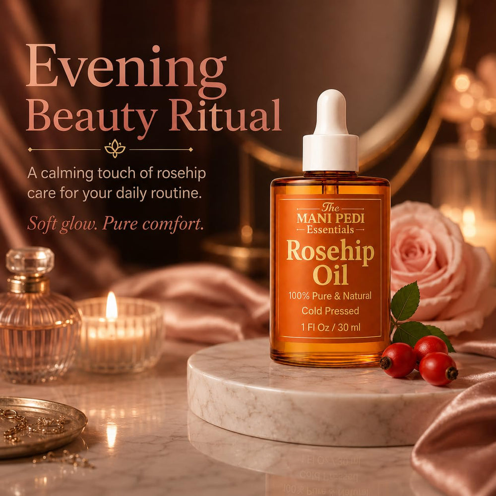 Bathroom shelf with The Mani Pedi Essentials bottle in routine setting showing everyday use benefit