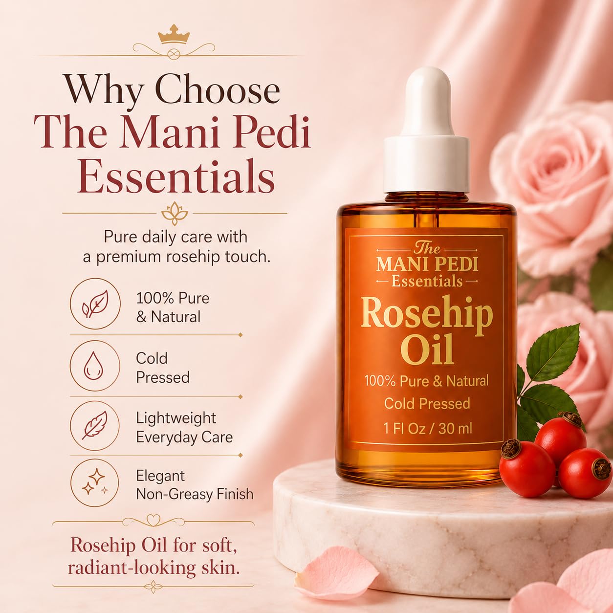 Rosehip seeds and roses beside the bottle highlighting natural sourcing benefit