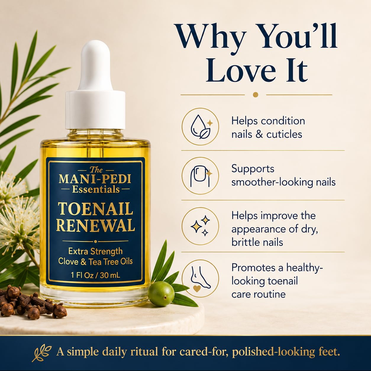 The Mani Pedi Essentials serum texture close-up on fingers showing lightweight, fast-absorbing formula