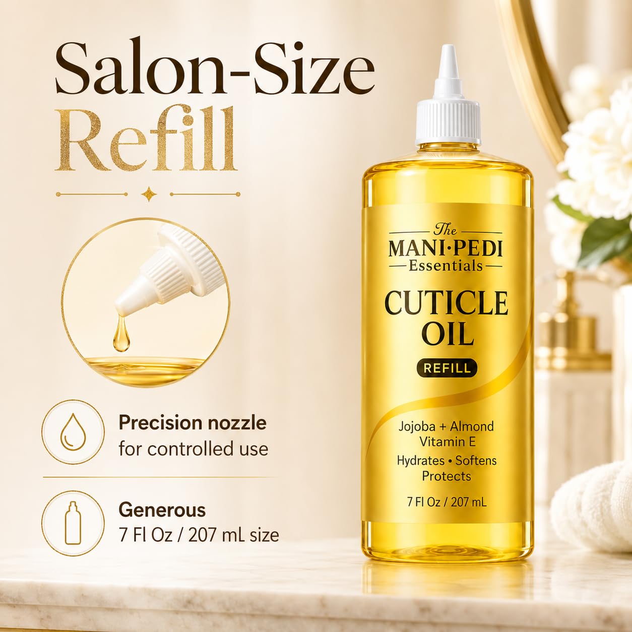 The Mani Pedi Essentials oil drop texture close-up showing fast absorption