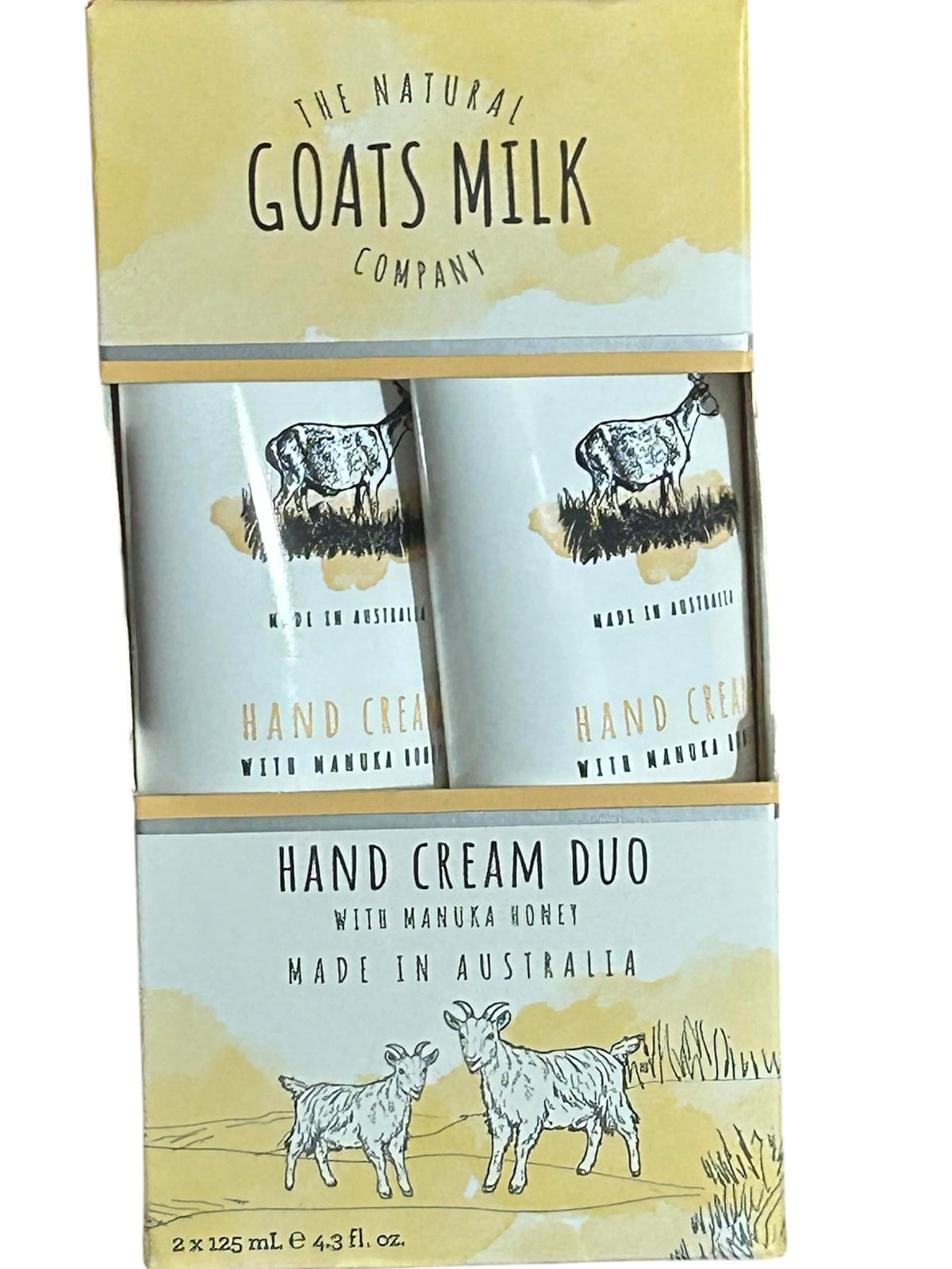 The Natural Goats Milk Company hand cream tubes front view showing packaging and travel-friendly size