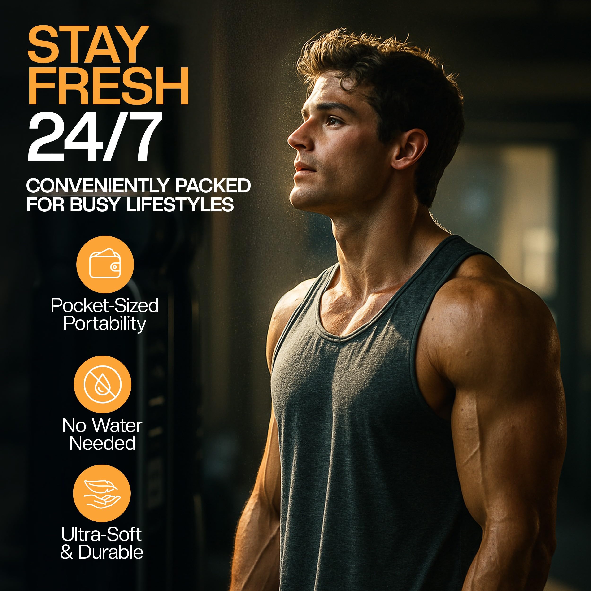 Man using The Nobleman wipe on face after workout, refreshing and sweat-free