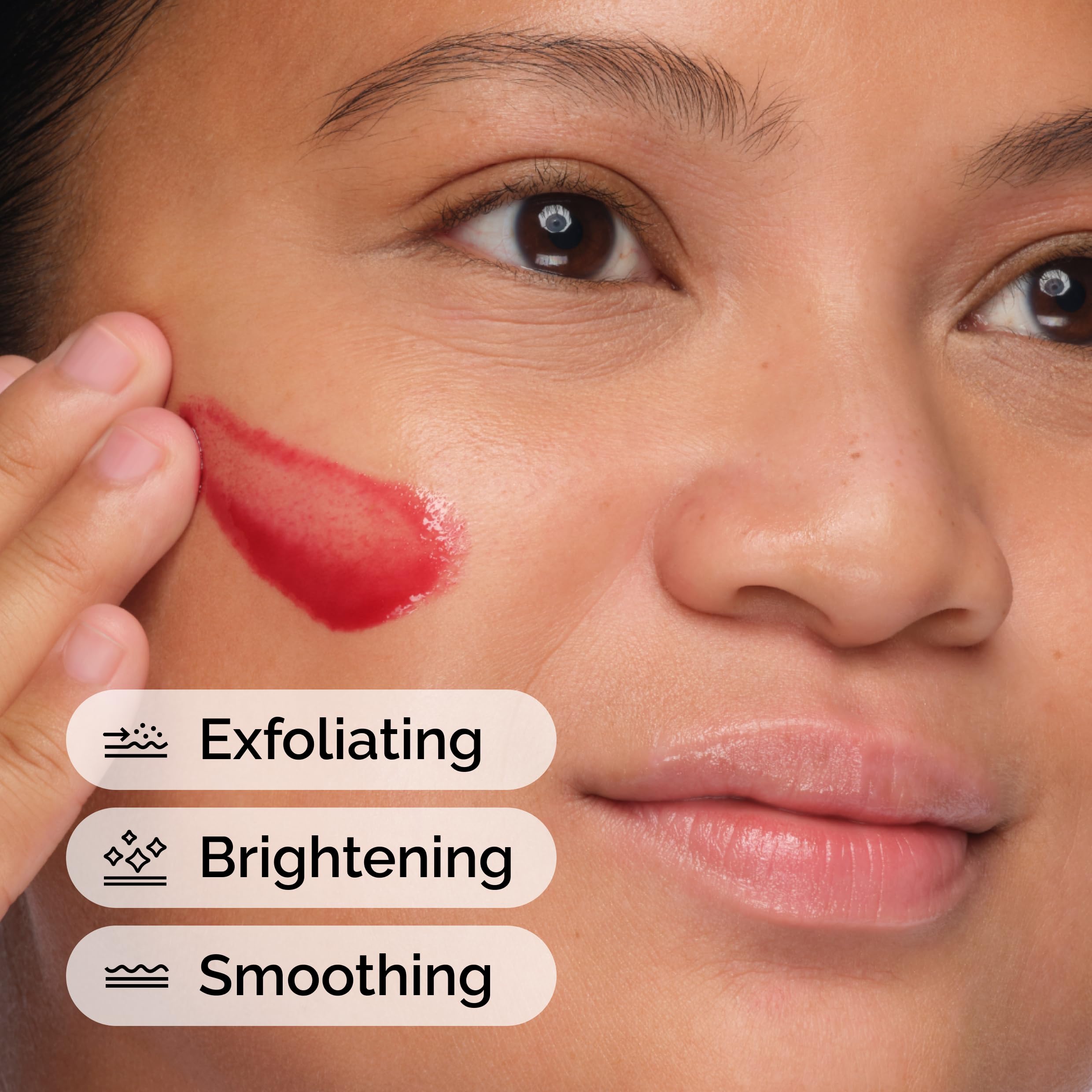 The Ordinary peeling solution application in use on cheek, shows short at‑home peel process and safety