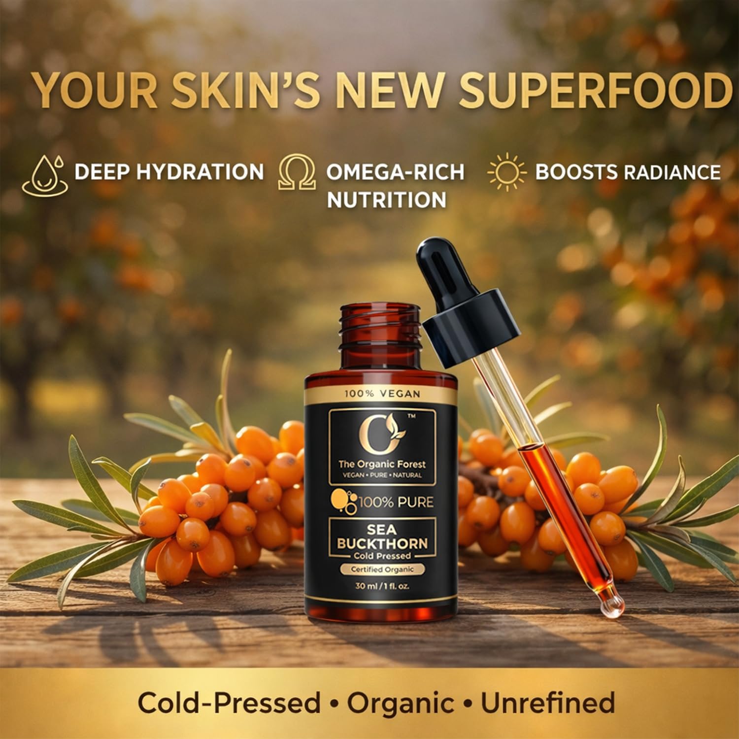 The Organic Forest sea buckthorn dropper releasing oil showing controlled application benefit