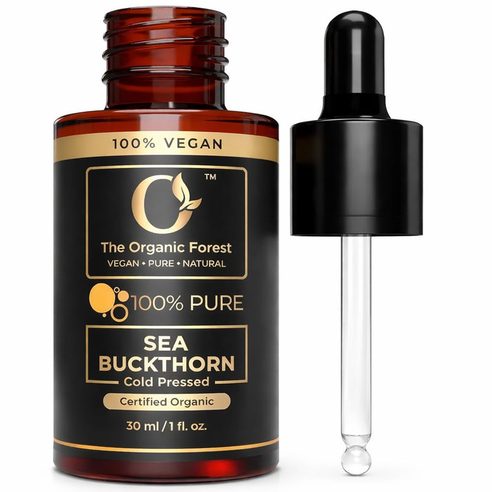 The Organic Forest sea buckthorn front bottle showing organic label and bright color for purity
