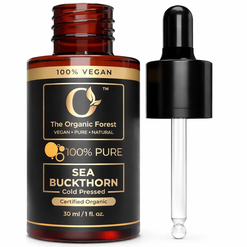 The Organic Forest sea buckthorn front bottle showing organic label and bright color for purity