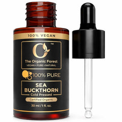 The Organic Forest sea buckthorn front bottle showing organic label and bright color for purity