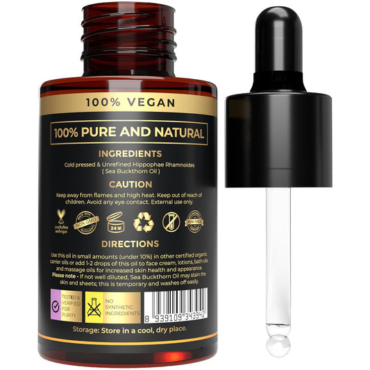 The Organic Forest sea buckthorn oil close-up texture highlighting lightweight absorption benefit
