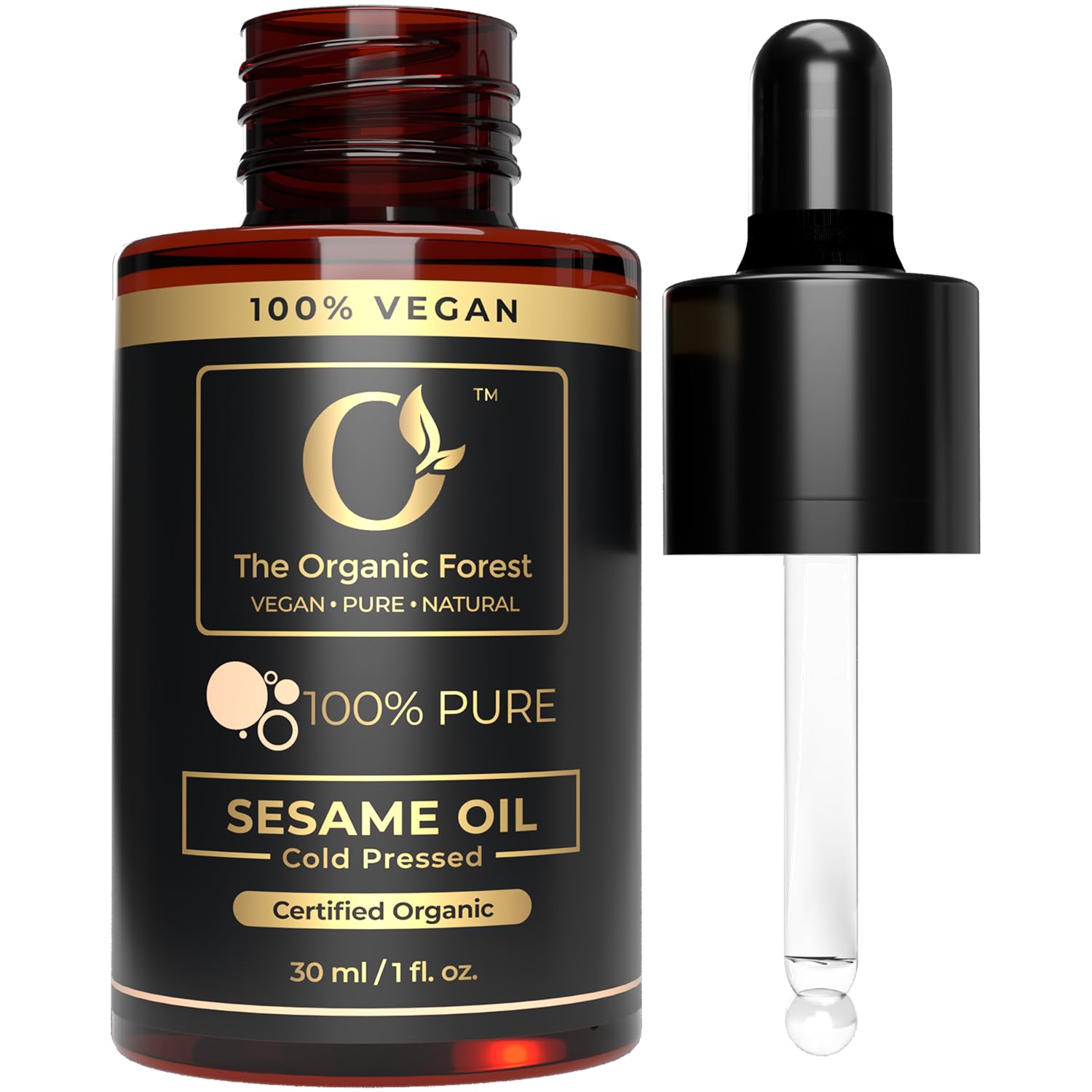 The Organic Forest sesame oil front bottle shows clean organic packaging and purity benefit