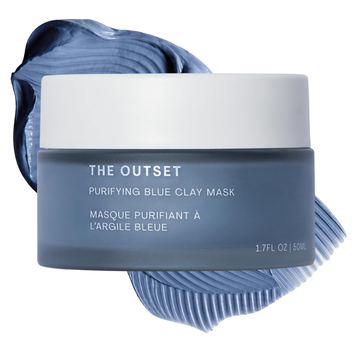 The Outset blue clay face mask jar front view showing clean packaging and easy use