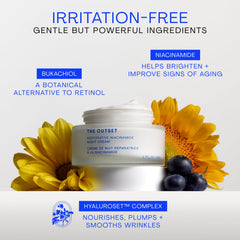 The Outset night cream with ingredient bottle showing niacinamide and bakuchiol inclusion benefit