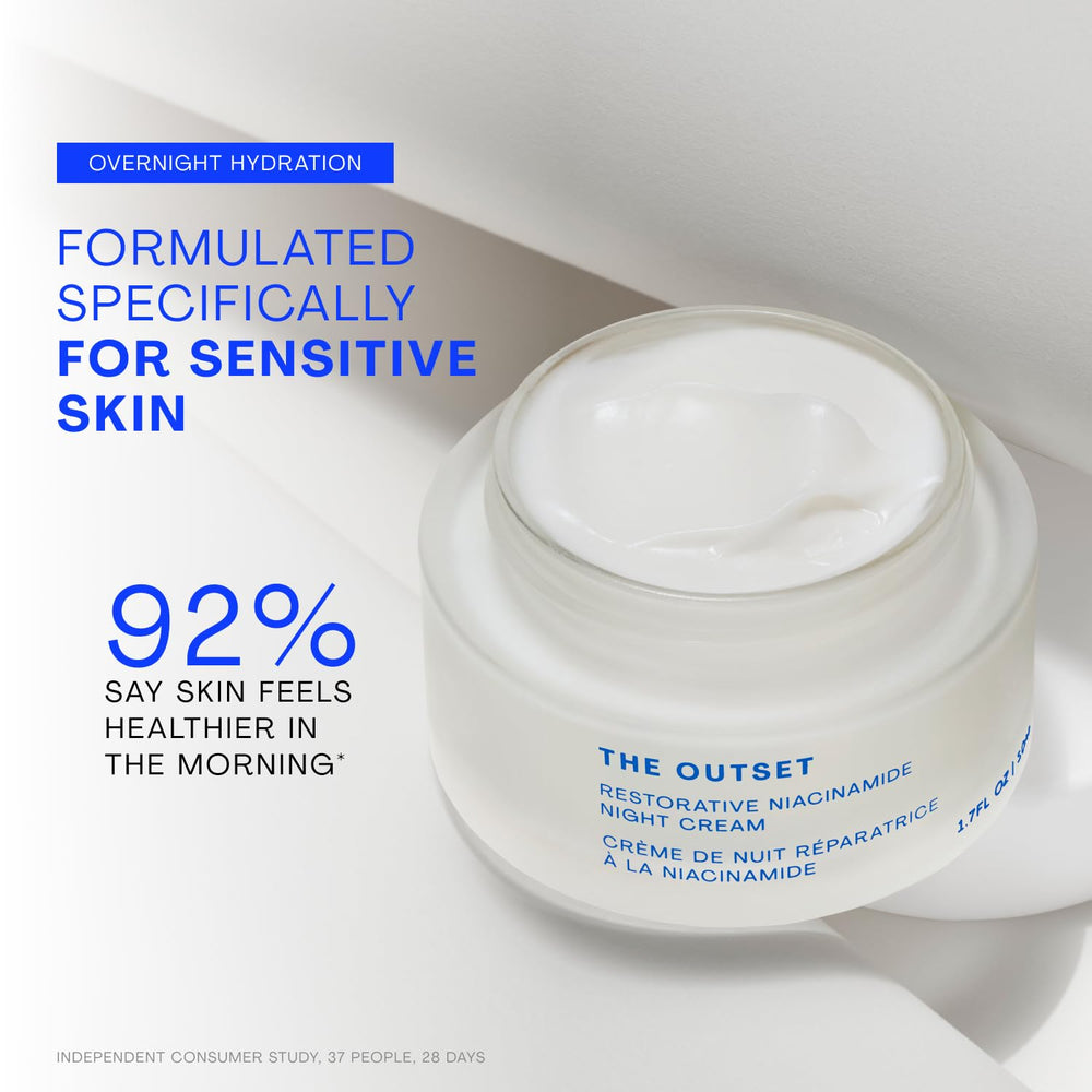 The Outset night cream jar label detail highlighting clean-brand aesthetic benefit