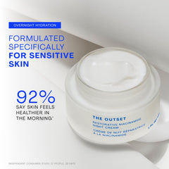 The Outset night cream jar label detail highlighting clean-brand aesthetic benefit