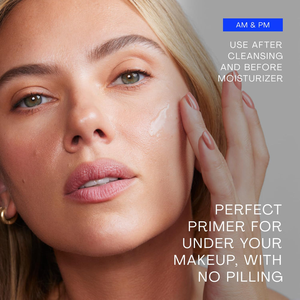 The Outset serum on a bathroom shelf amid routine products showing easy layering