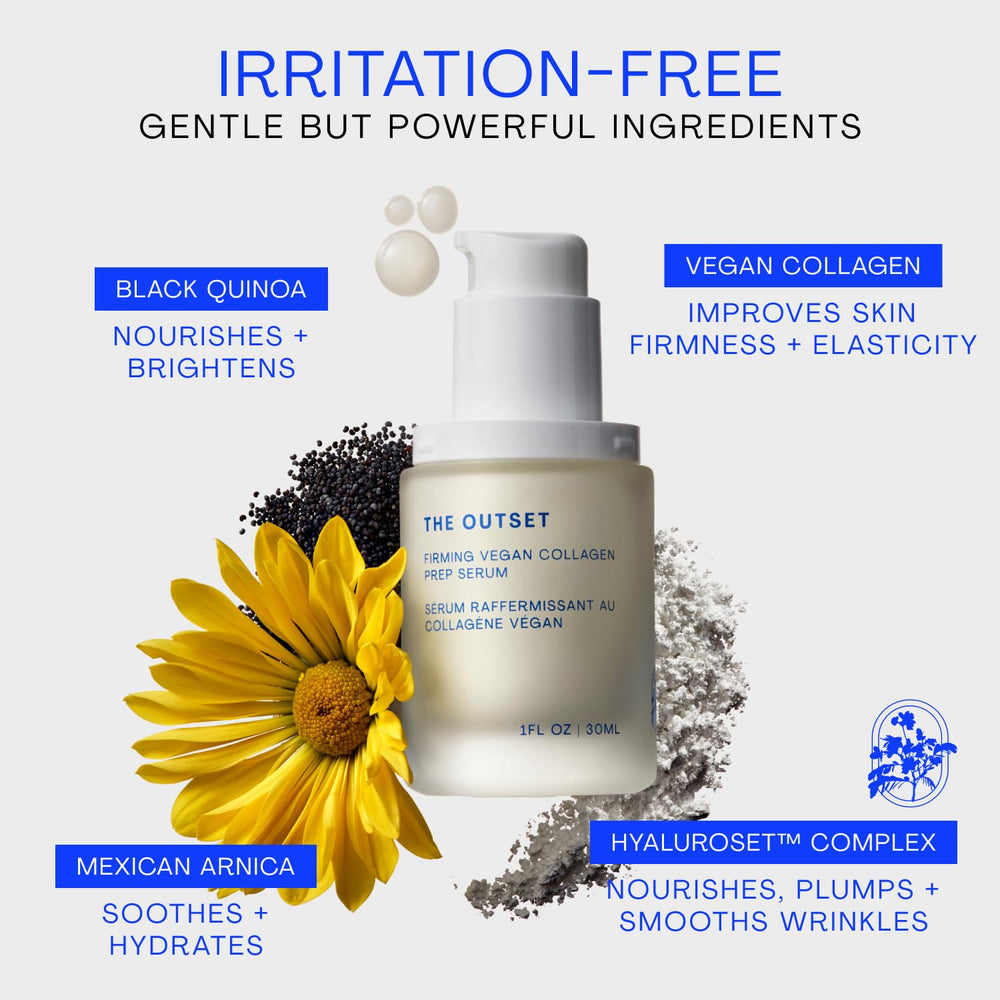 The Outset serum with botanical ingredients flatlay highlighting plant-based formulation benefits