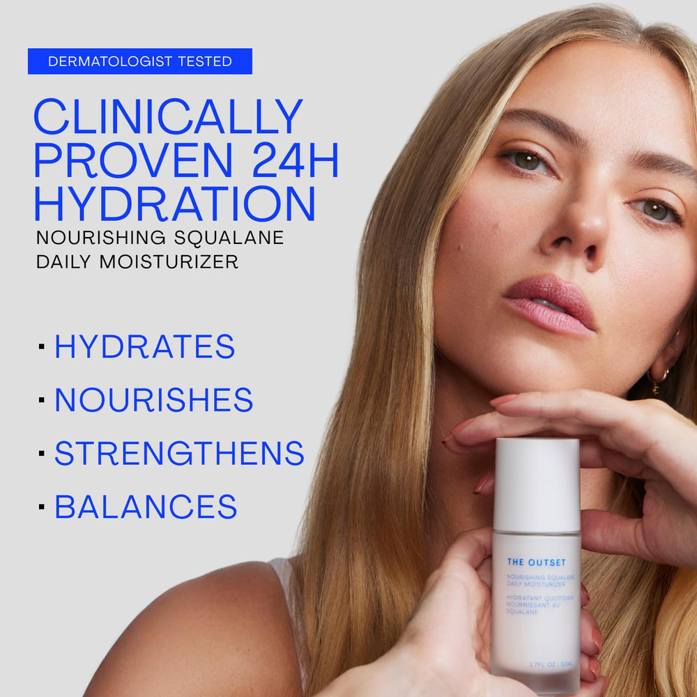 The Outset cream texture close-up illustrating lightweight squalane hydration and fast absorption