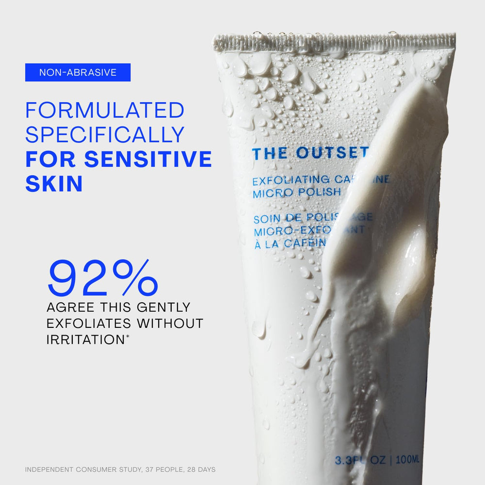 The Outset swatch on hand showing creamy polish consistency benefit: controlled exfoliation