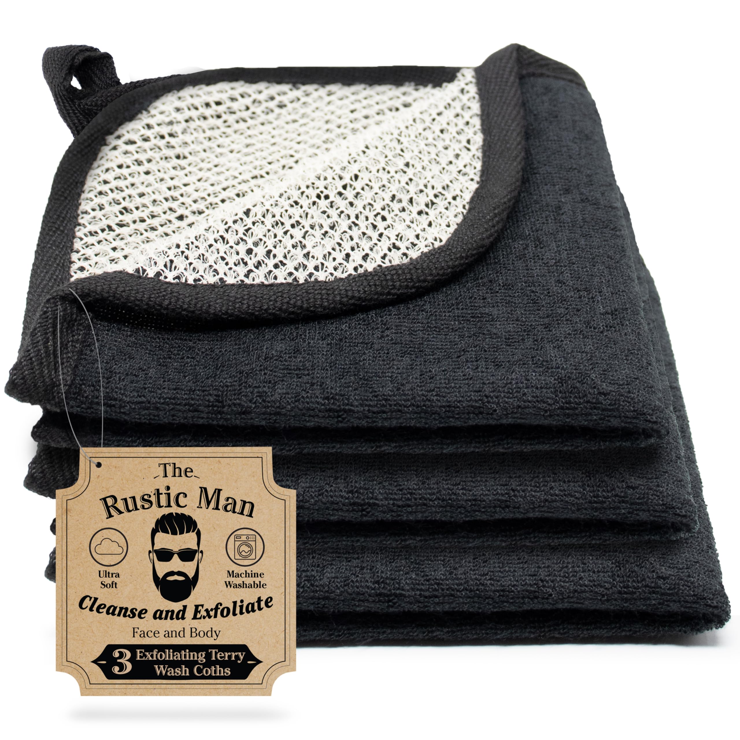 The Rustic Man front pack showing three black dual-sided wash cloths, compact and travel-ready
