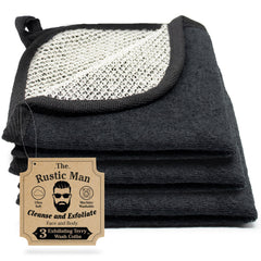 The Rustic Man front pack showing three black dual-sided wash cloths, compact and travel-ready