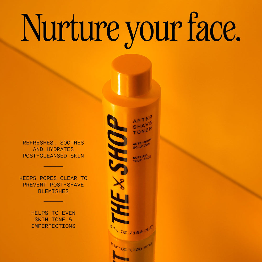 Hand applying The Shop toner to face demonstrating soothing post-shave use and quick calming