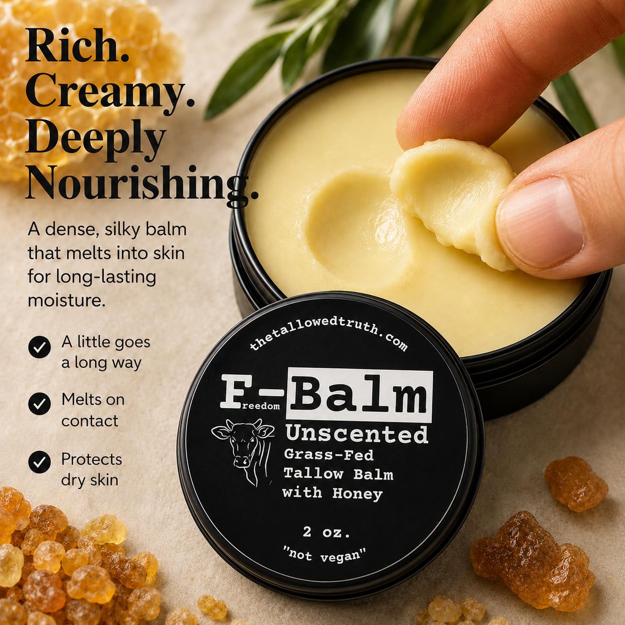 The Tallowed Truth emollient melt detail with warmed balm gliding, providing long-lasting moisture