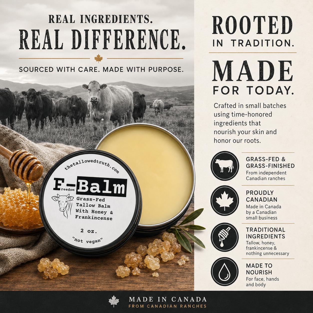 The Tallowed Truth ingredients arranged showing tallow, honey, beeswax, frankincense