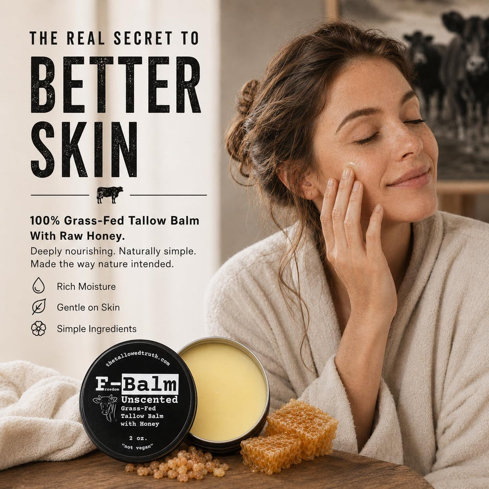 The Tallowed Truth labeled ingredients closeup highlighting grass-fed tallow and minimal ingredient list